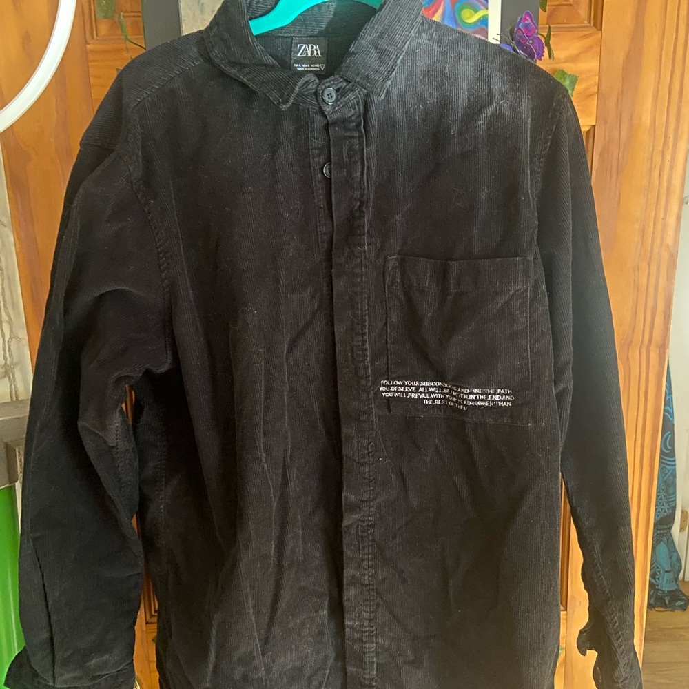 Zara Black Mens Large Corduroy Shirt with Inspirational Embroidered Quote